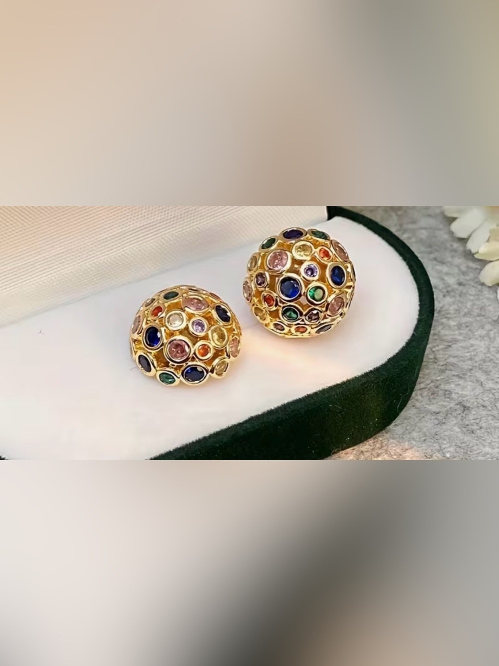 Gold Multicolor Crystal Dome Stud Earrings - Women Jewelry